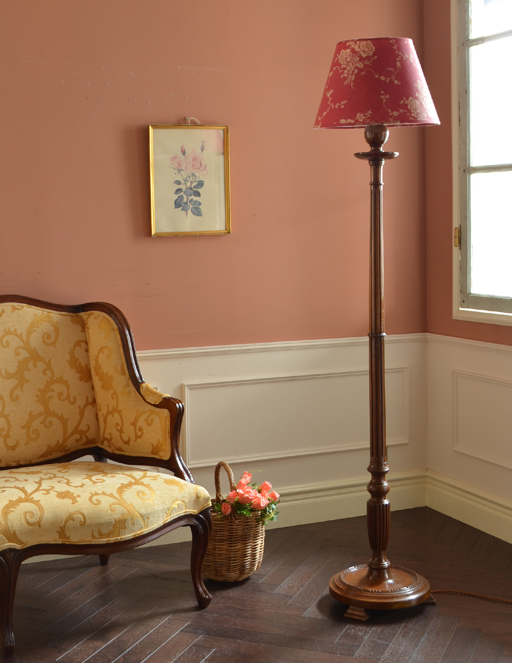 英国デザインのアンティークの間接照明、布シェードのフロアランプ(k