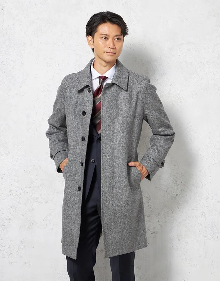 L．グレー 【ウール混】ステンカラーコート 尾州産ウール使用