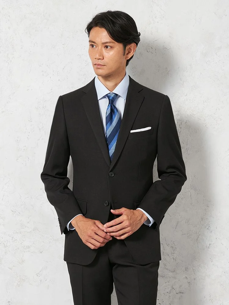 スーツ 2つボタン【WEB限定】4WAYストレッチ ストライプ ブラック 通年