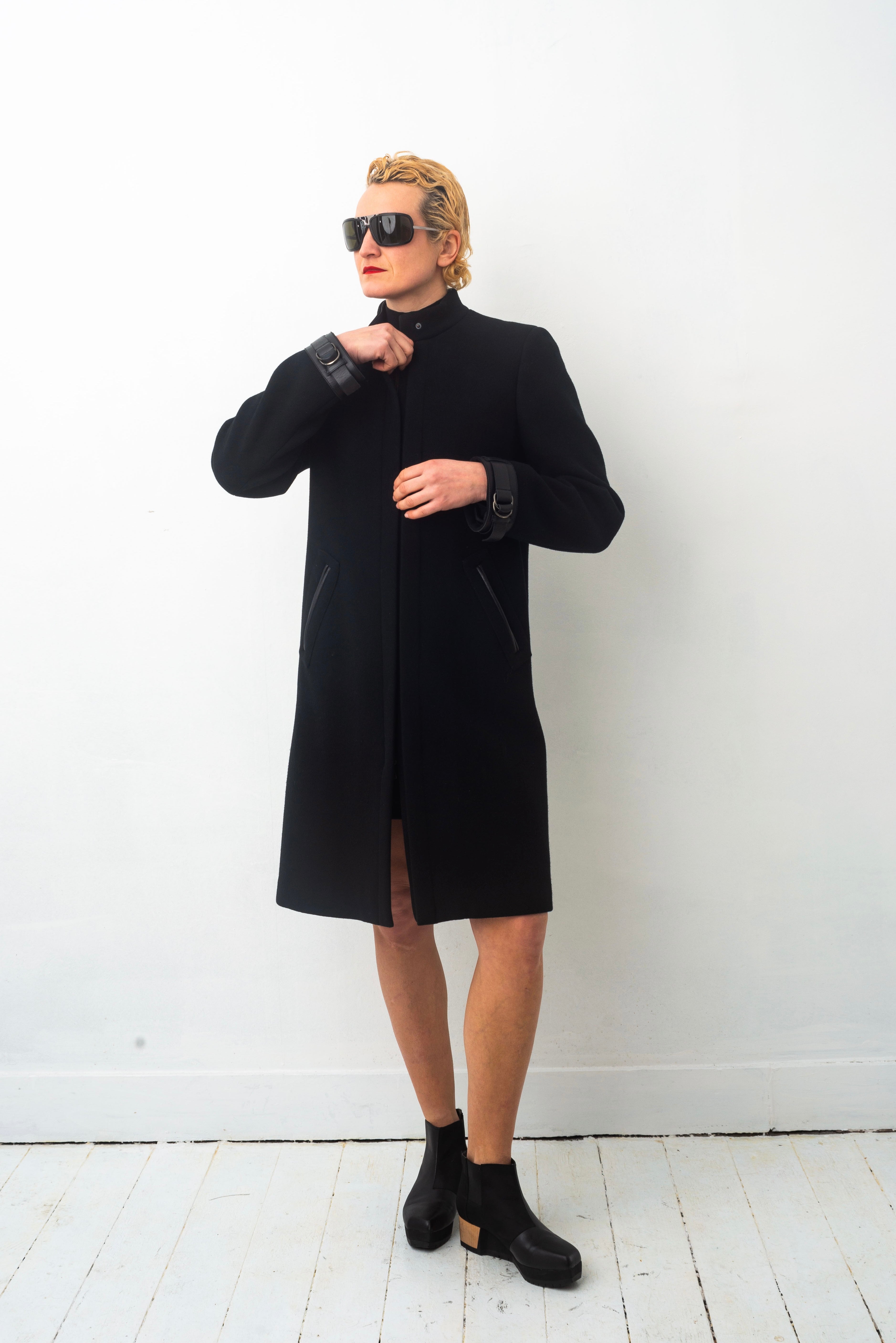 Prada FW 1999 black wool coat with leather details – Heterodoxa_