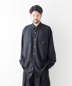 KANEMASA PHIL.】HIGH GAUGE MILLED WOOL STRIPE SHIRTS - BLACK SP