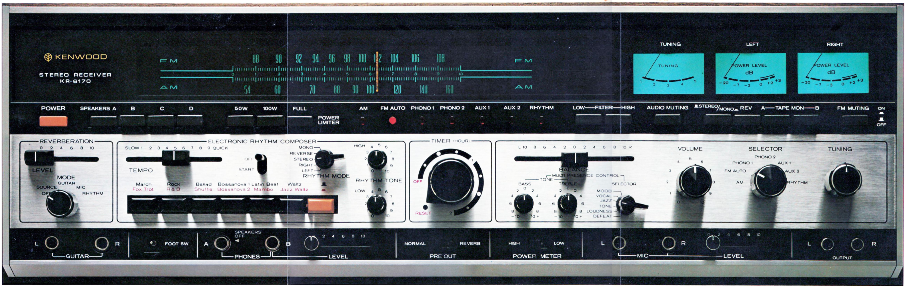 1971 Kenwood KR-6170: Two mic inputs, two guitar inputs, two hour