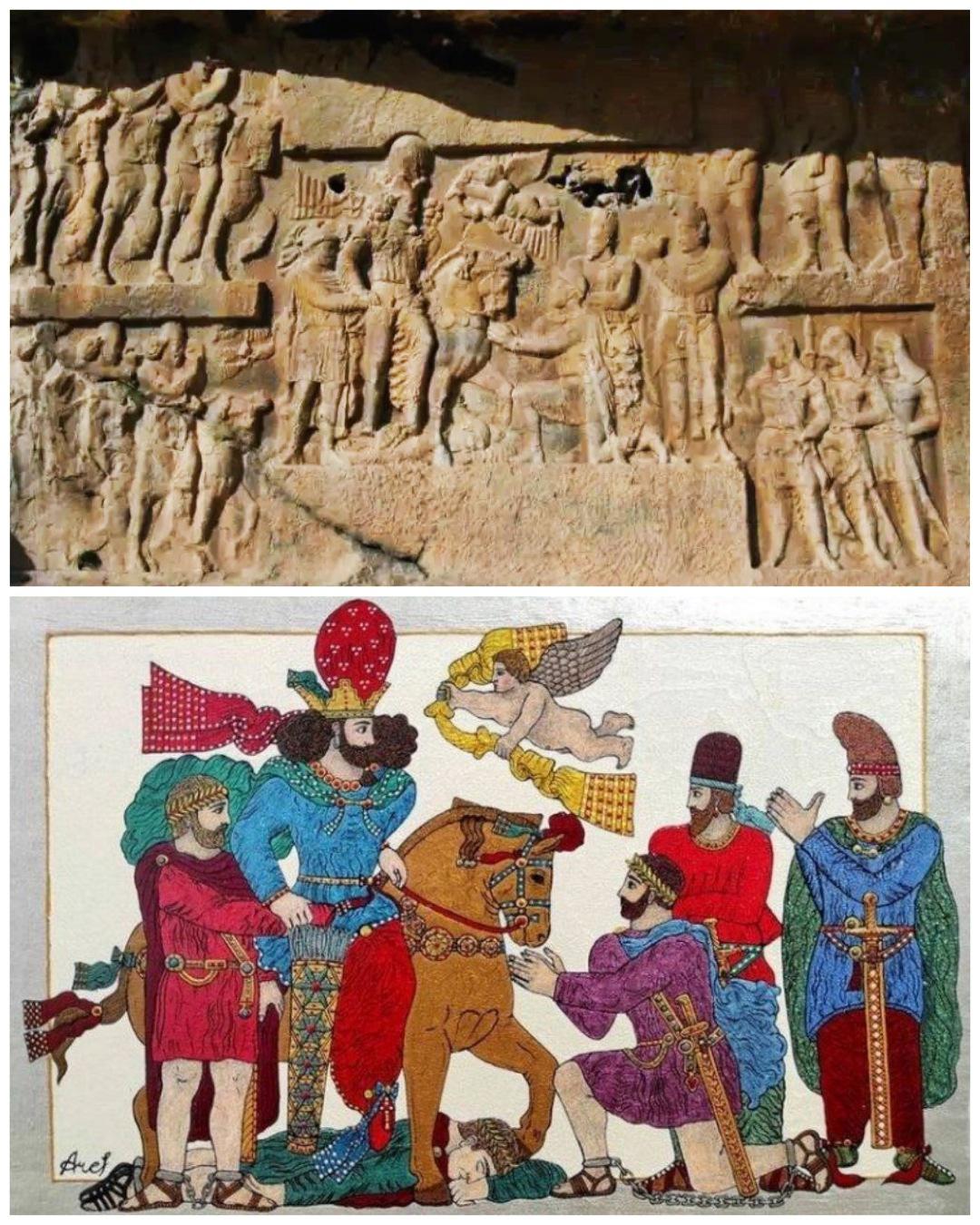 サーサーン朝の岩のレリーフで、シャープール1世が3人のローマ皇帝に