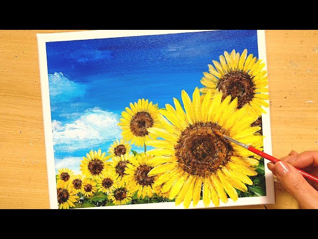 How to draw [sunflower] with acrylic paint / blue sky and