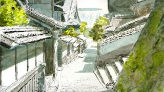 二王座歴史の道 古い街並みと下り坂【透明水彩風景画】 ／ Oita Kyushu