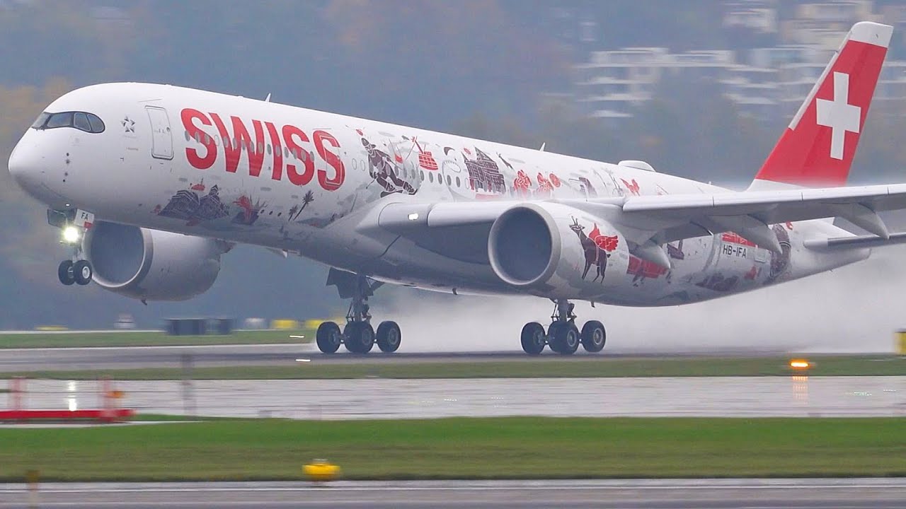 FIRST Swiss A350 (Wanderlust Livery) Waterspray Take-Off at Zurich