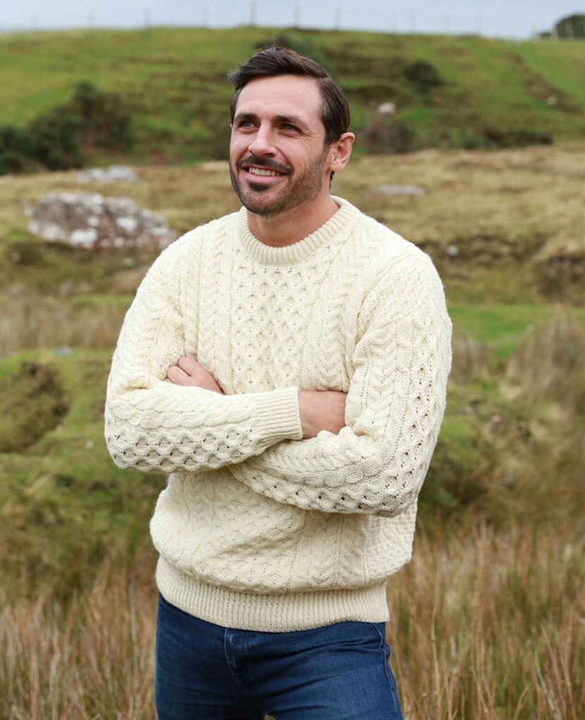 IRISH Natural Wool Traditional Aran Sweater white Wulflund
