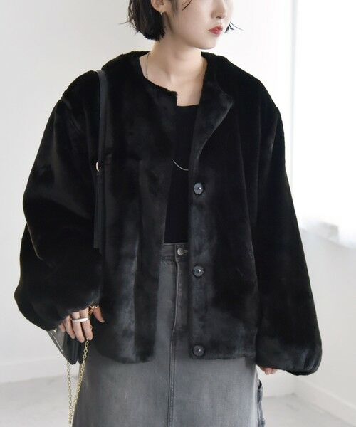 セール】 quaranciel: ポリエステル フェイク ファー ノーカラー