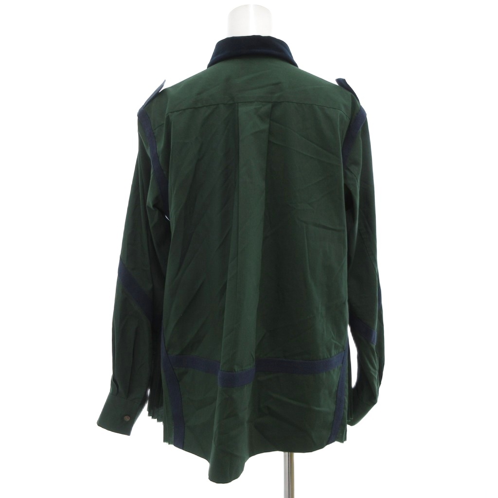 サカイ sacai シャツ ブラウス プリーツ 襟ベロア切替 長袖 緑