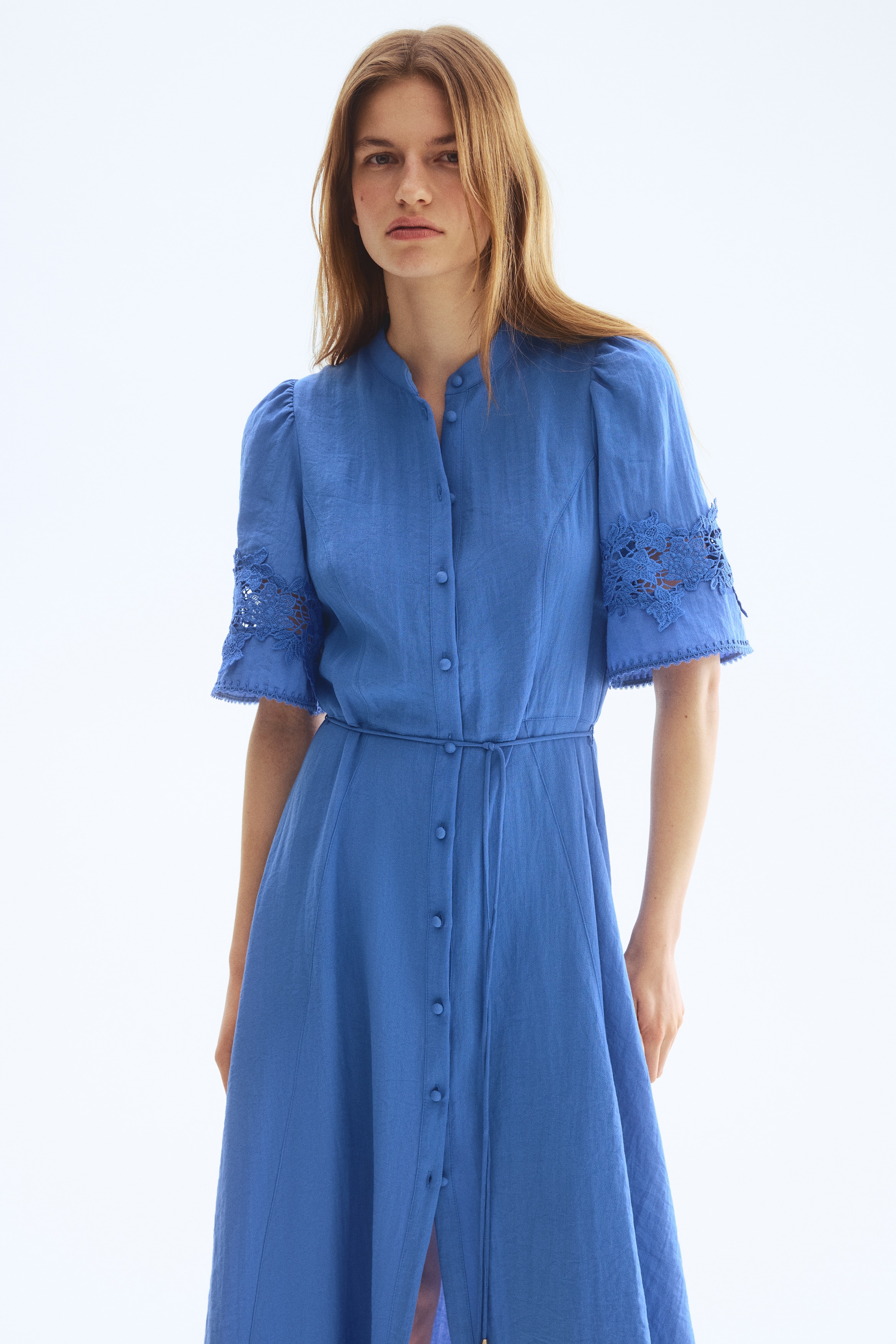 Crinkled Dress with Eyelet Embroidery - Blue - Ladies | H&M US