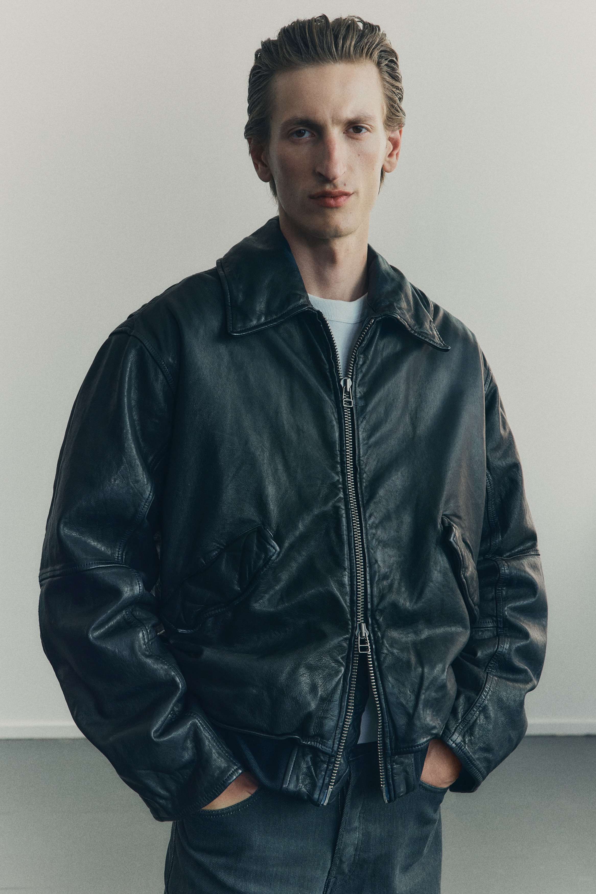 Loose-Fit Leather Aviator Jacket - Black - Men | H&M US