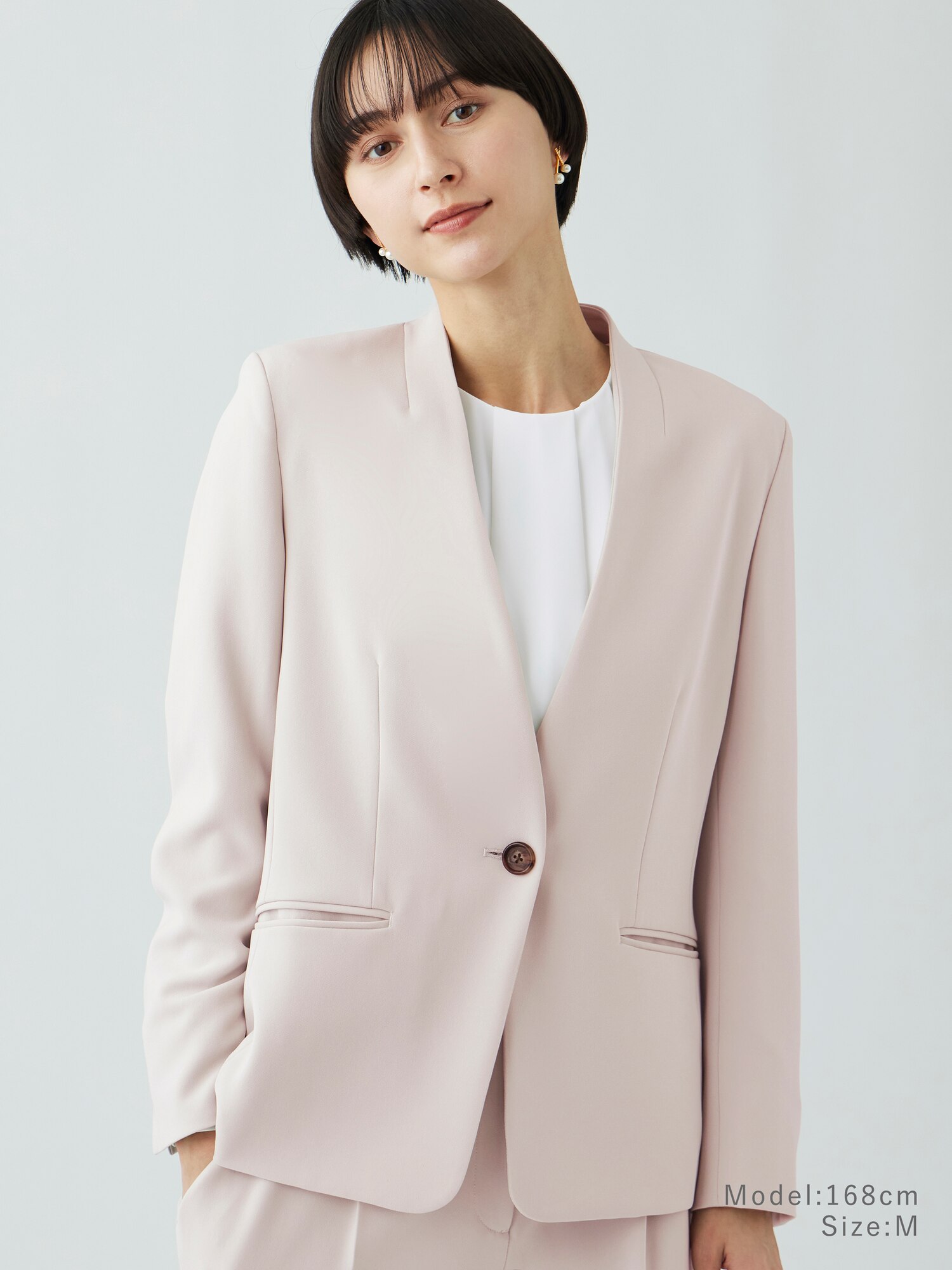 美品 PLST ノーカラー セットアップ スーツ ストレッチ ピンクベージュ