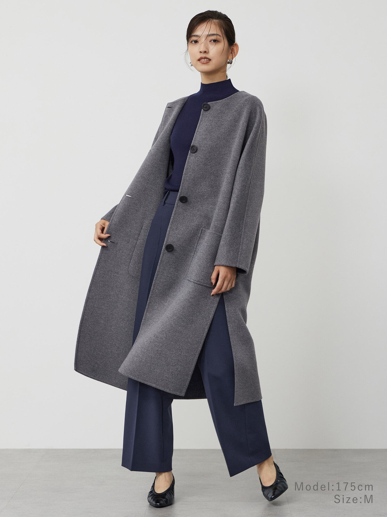 PLST(プラステ)公式 | ウールブレンドリバーカラーレスロングコート