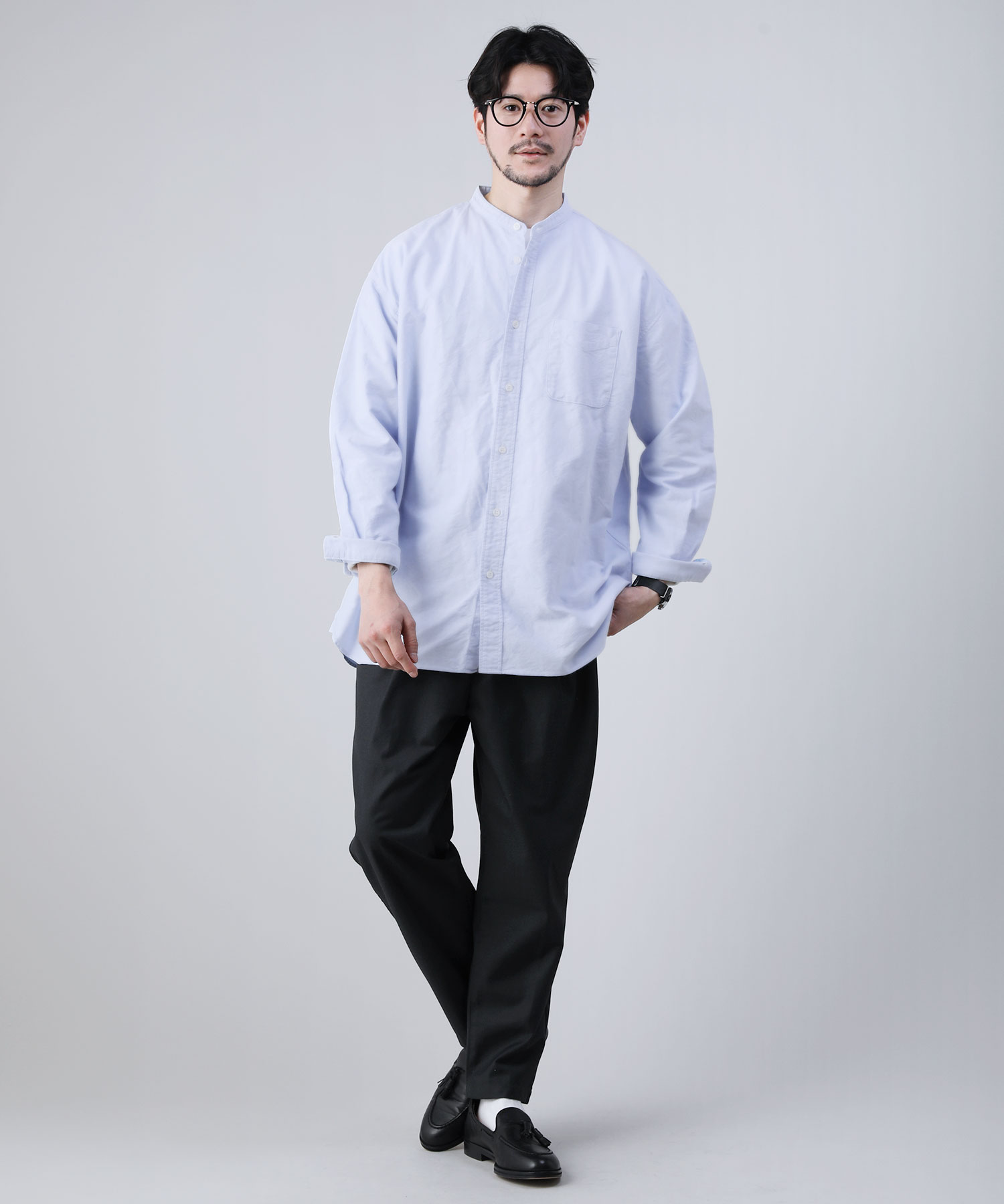 日本製播州織オックスフォードシャンブレーバンドカラー長袖ボクシーA