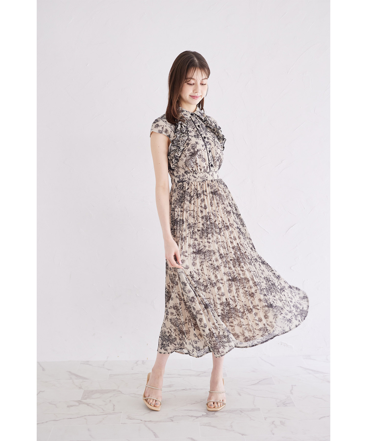 フリル付きフラワープリントシャツプリーツワンピース