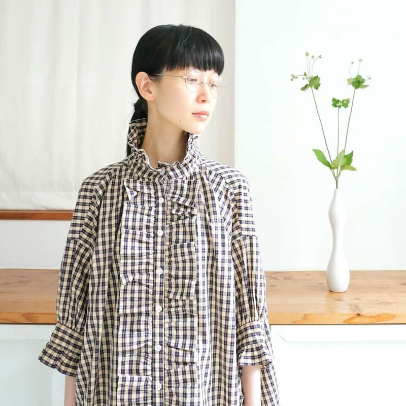 dahl'ia ｜ダリア ｜ フロントフリル ロング ブラウス チェック｜DBL