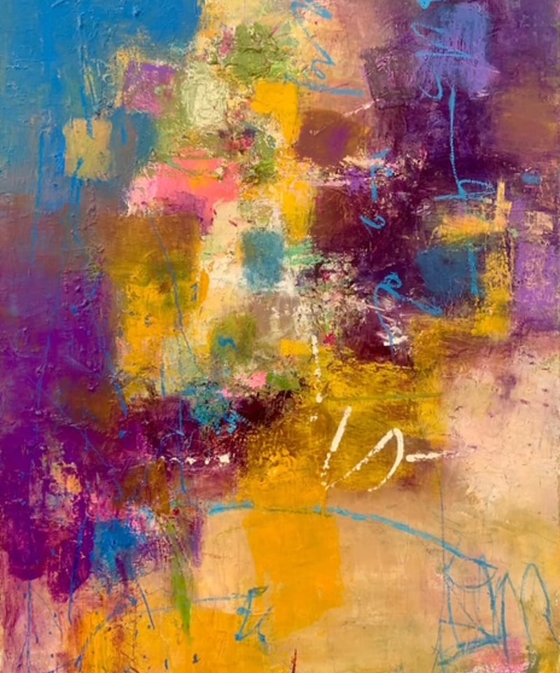 抽象画 雨あがりの街 P20号 （額なし）油彩、オイルパステル