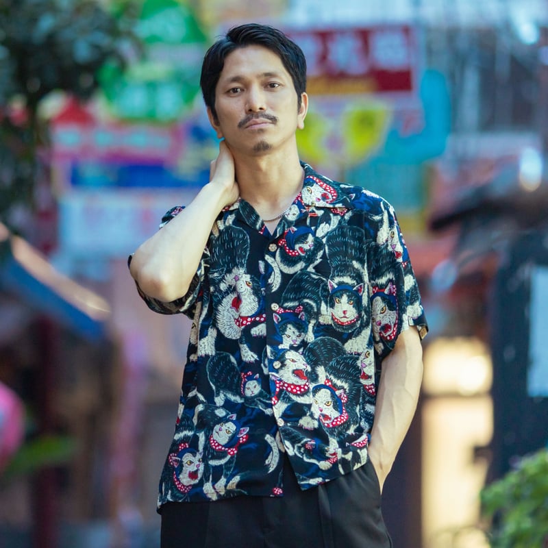 伊賀くみひもアロハシャツ 猫忍者（紺・半袖）/IGA KUMIHIMO ALOHA-SH