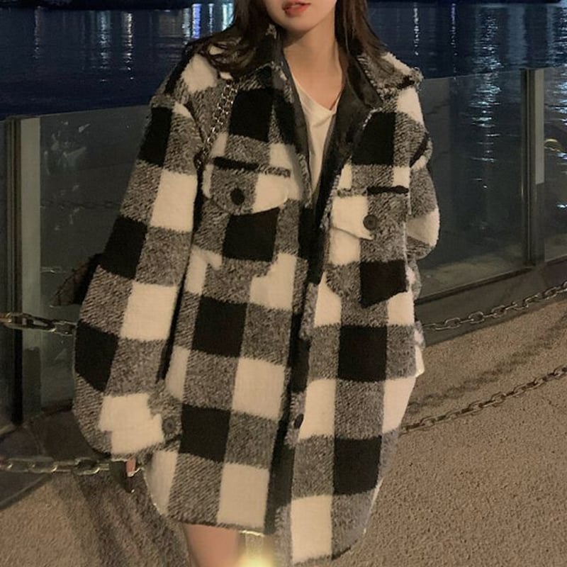 チェック柄 ジャケット フェイクラムウール ルーズ ゆったり ショート