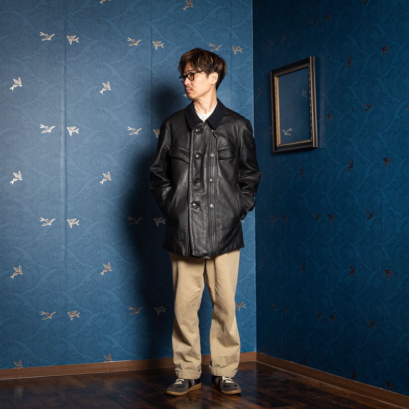 60s France Vintage Leather Jacket Wool Collar(C