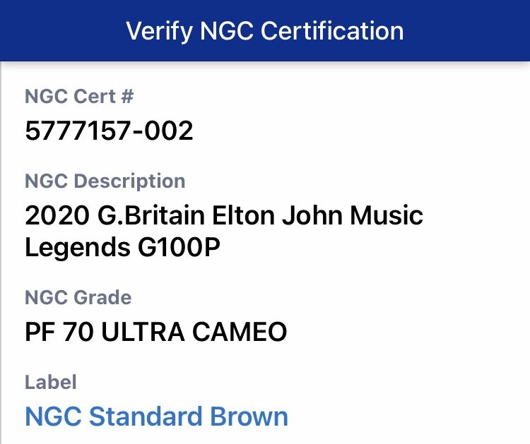 NGC鑑定PF70UC】エルトン・ジョン 1オンス金貨 100ポンド プルーフ