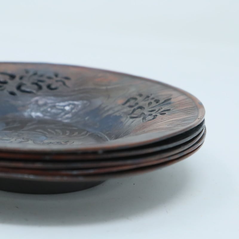 A013【工芸】煎茶 古銅 輝壱造 透彫刻 茶托 5客揃 | 中国美術・茶器 花葉