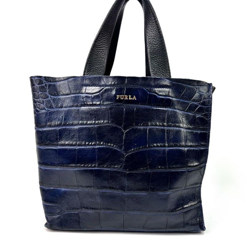 フルラ クロコ型押し ハンドバッグ ダークネイビー レザーバッグ 濃紺