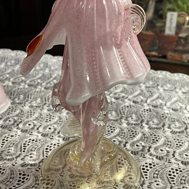 ベネチアンガラス ムラノ MURANO 変形皿 2枚 ピンク レース インテリア