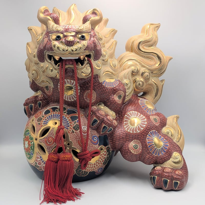 ♡九谷焼 大吉 糠川清章 玉乗り獅子 獅子像 赤獅子 縁起物 色絵 置物