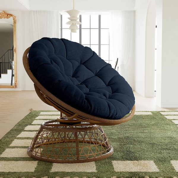 Wicker Outdoor Lounge Chair Papasan Chair with Dark Blue Cushion