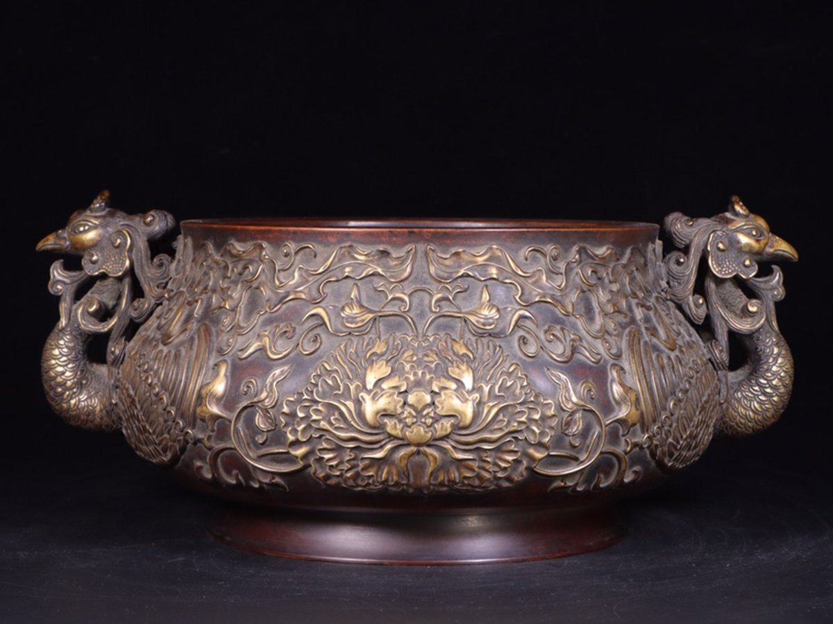 中国 古銅宣徳銅 獅子摘 刻漢詩文 三つ足香炉 N 9001 中国 古銅宣徳銅