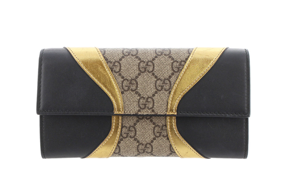 GGプラス ファスナー長財布 レザー 黒/ゴールド/ベージュ