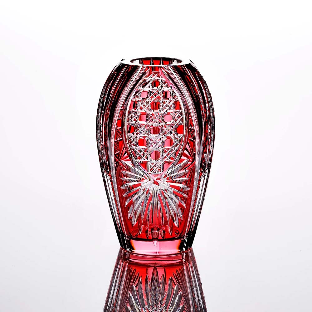 KAGAMI カガミクリスタル 江戸切子 花瓶 笹っ葉に八角籠目紋 20cm 名