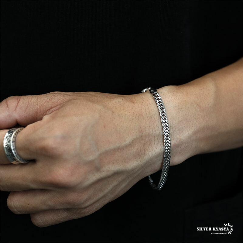 シルバー925 チェーンブレスレット メンズ 6面カット ダブル喜平