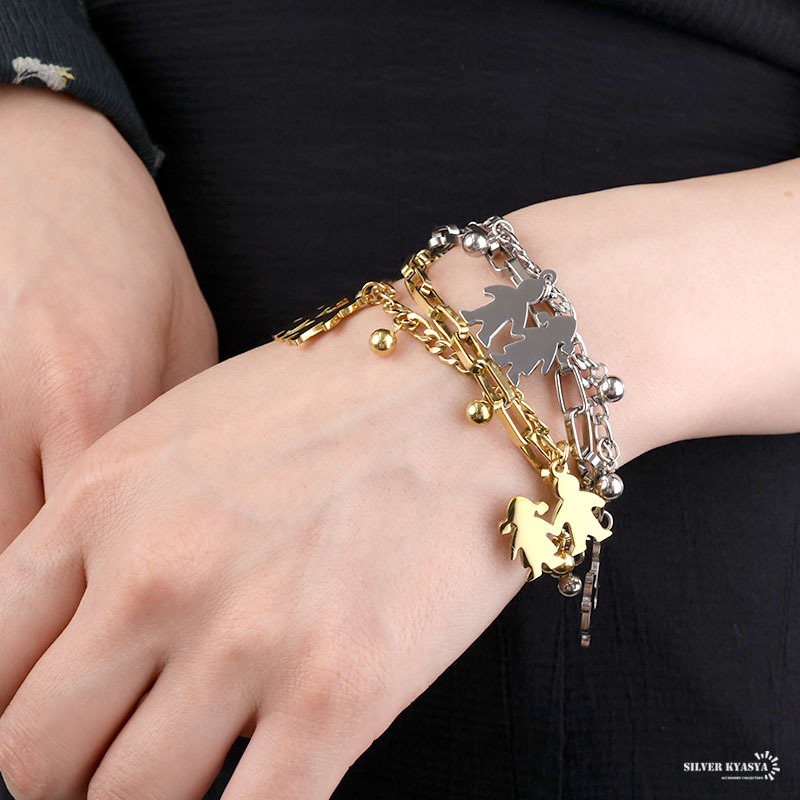 チャームブレスレット ステンレス ゴールド シルバー 2連 重ね付け