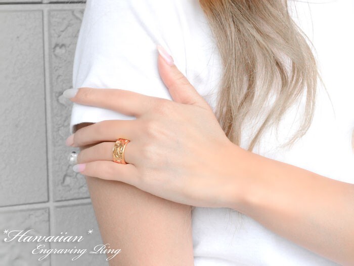 18金 ハワイアンジュエリー 幅広 リング レディース ピンクゴールドk18