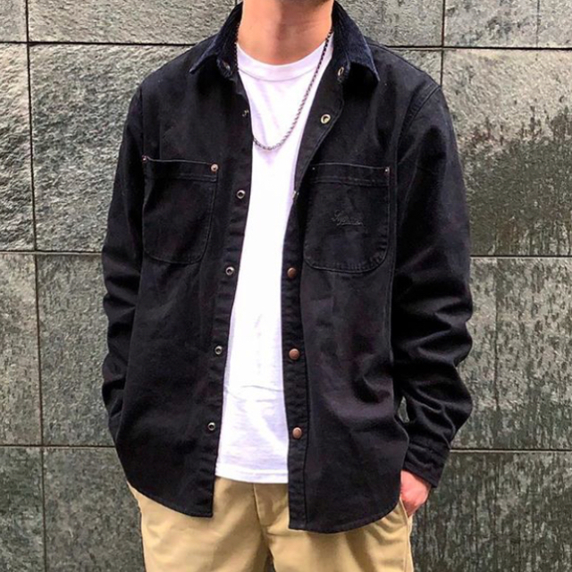 L supreme script canvas ショップ snap shirt black