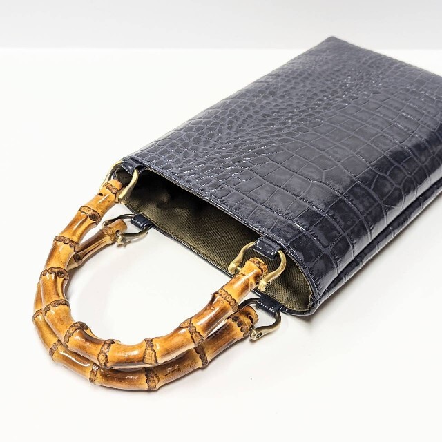 ◇ 牛革クロコ型押し バンブー手提げ 紺色 ◇神輿祭りバッグ合切す袋三