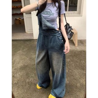 サロペット オーバーオール ワイドレッグ デニム オーバーオールの通販