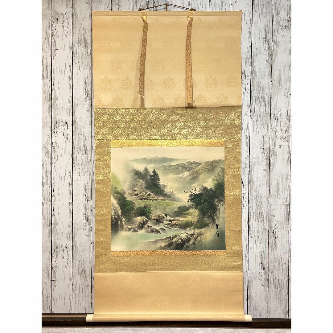 掛軸 華国『彩色山水図』絹本 肉筆 中島清堂識箱 共箱付 掛け軸