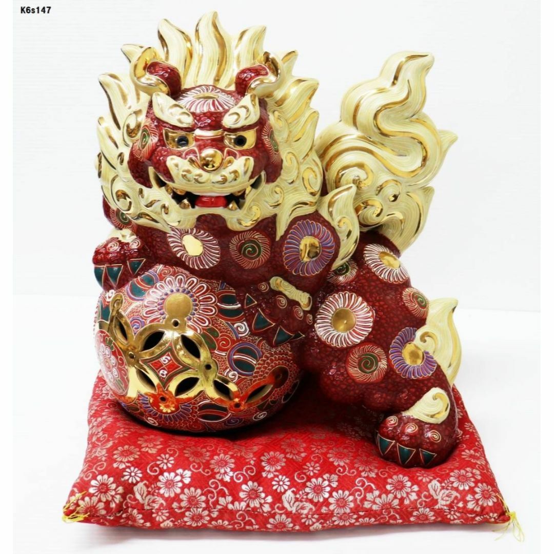 九谷焼 玉乗り獅子 双仙銘 開運 縁起置物 高さ約36cm 良好品 K6s147の