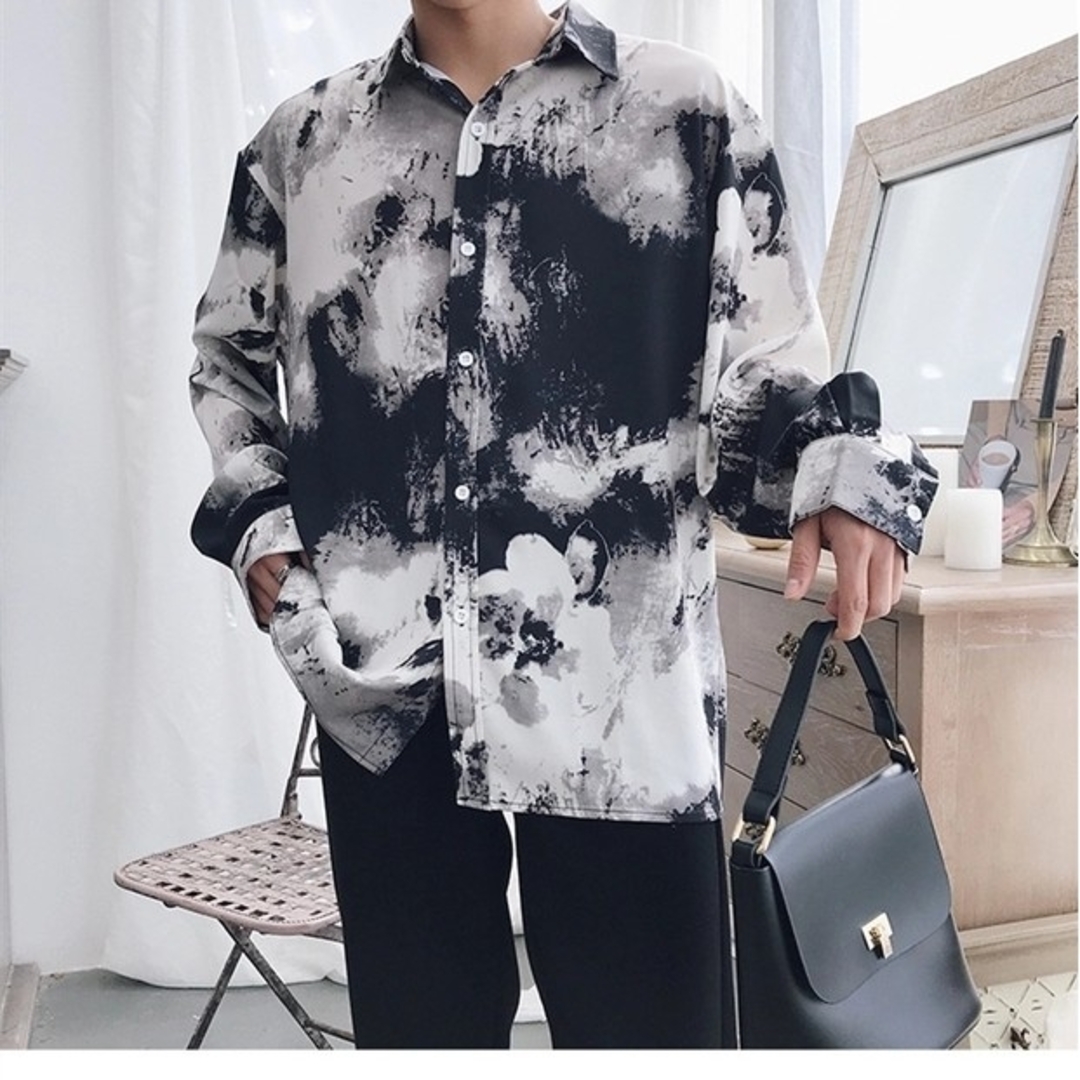 メンズ 白黒 柄 シャツ 長袖 シャツ カジュアル 芸術 モノクロ クール