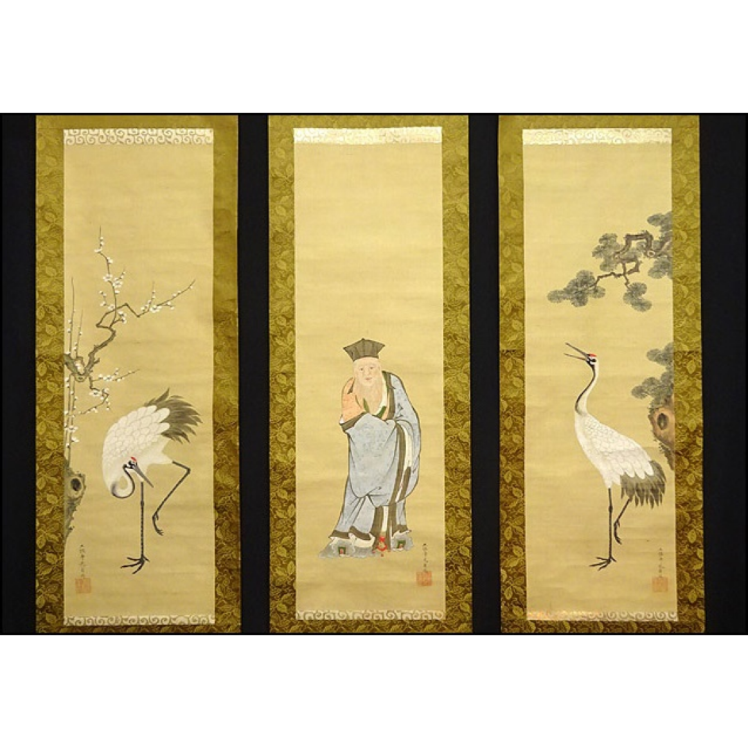 土佐光孚筆高砂之図三幅対【日の出松の図他】絹本彩色画時代表装仕立555