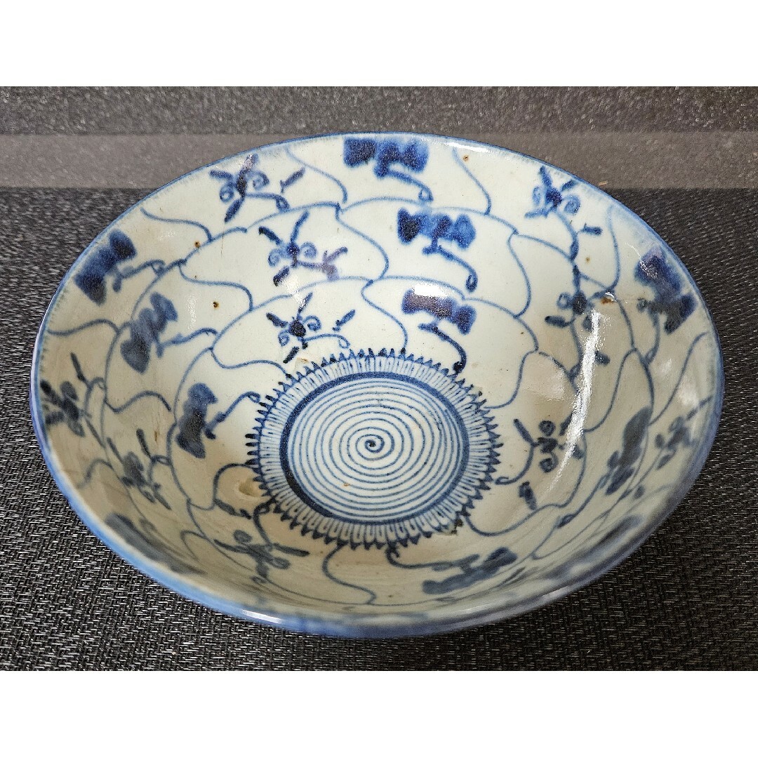 本物保証❗】中国古陶磁器 清代 青華 染付 霊芝文様 渦巻き文様 鉢