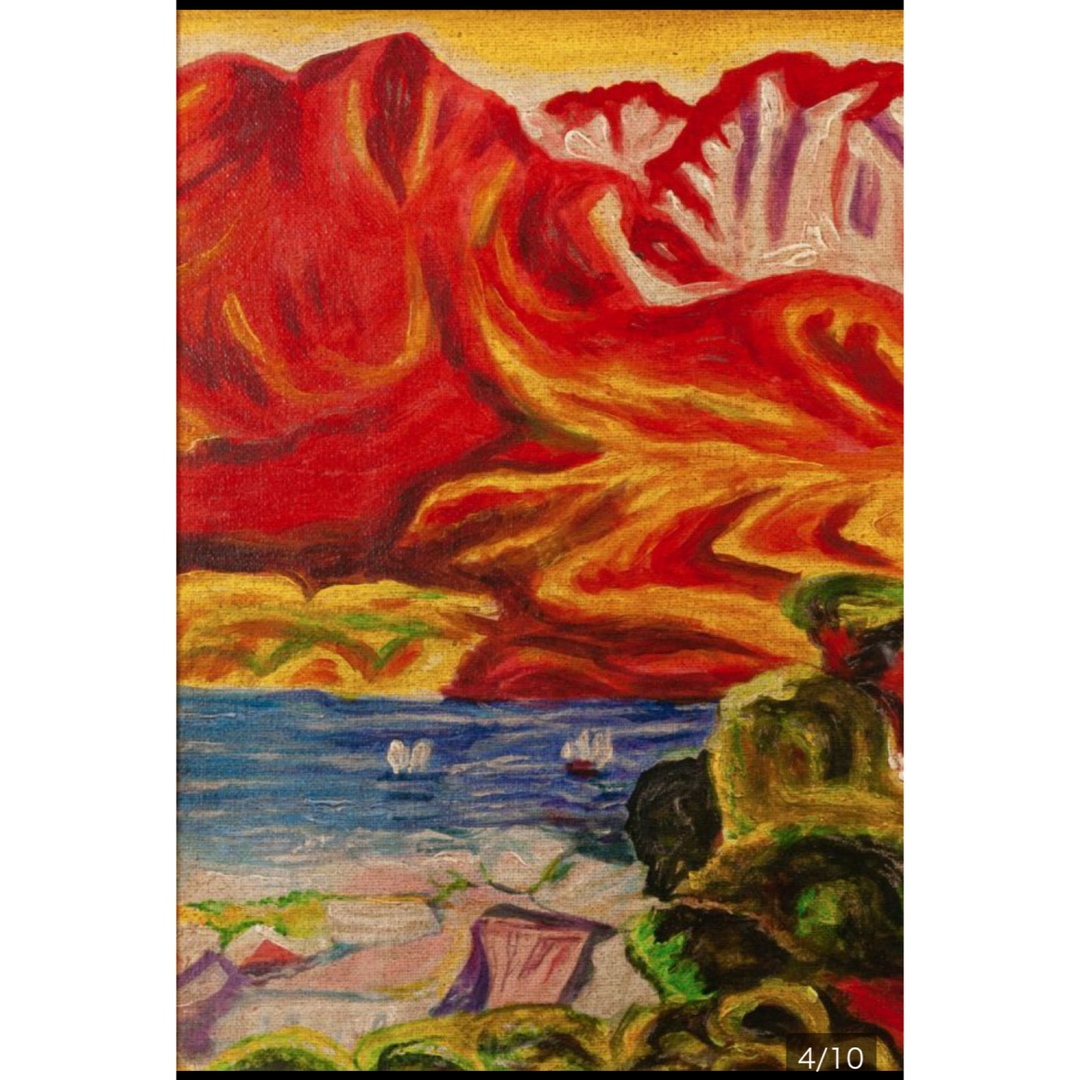 梅原龍三郎油彩 手描き『桜島』 表裏サイン(印譜) 中川一政鑑定シール