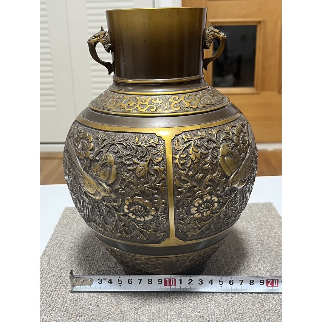 時代物 高岡銅器 古銅製四方窓絵花鳥紋龍舌耳付蝋型