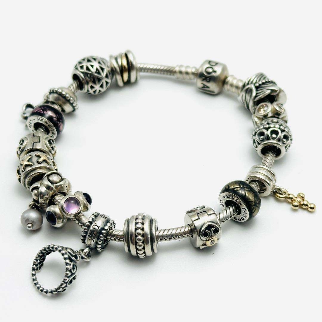 PANDORA シルバーブレスレット チャーム16個付き ティアラ クロス