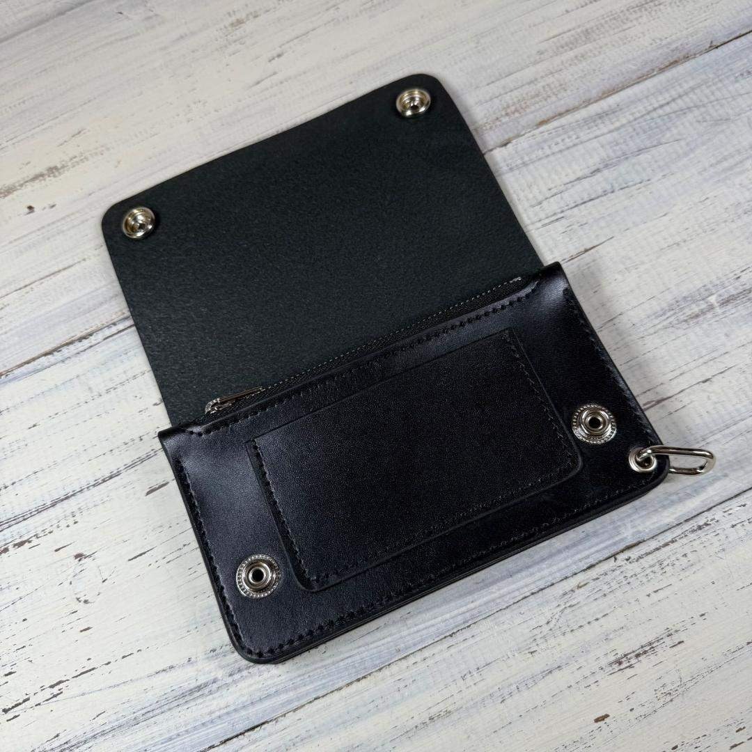 トラッカーウォレットミドル 3層】ブラック 北米ステア シルバー YKKの