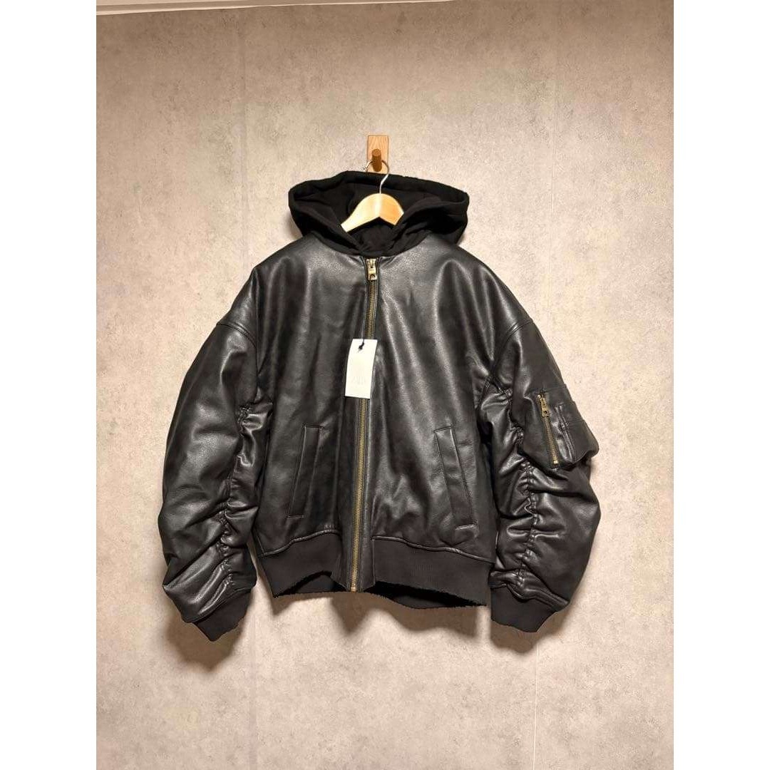ZARA - ZARA ザラ コントラストフード付きフェイクレザー ジャケット L