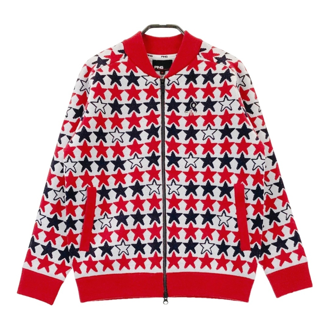 サイズ：M PING ピン 裏地付 ウール混 ニットジャケット 星 総柄